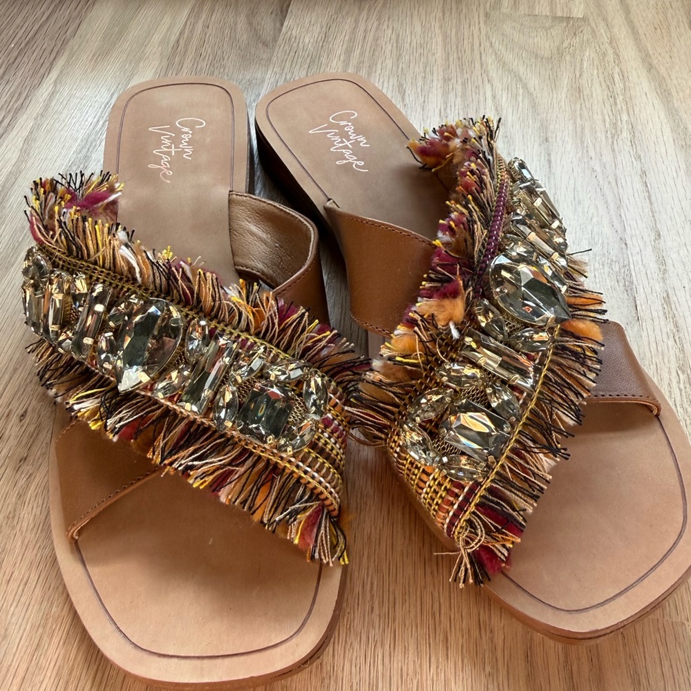 Crown Vintage Tan Slide Sandals with Multicolor Jeweled Fringe